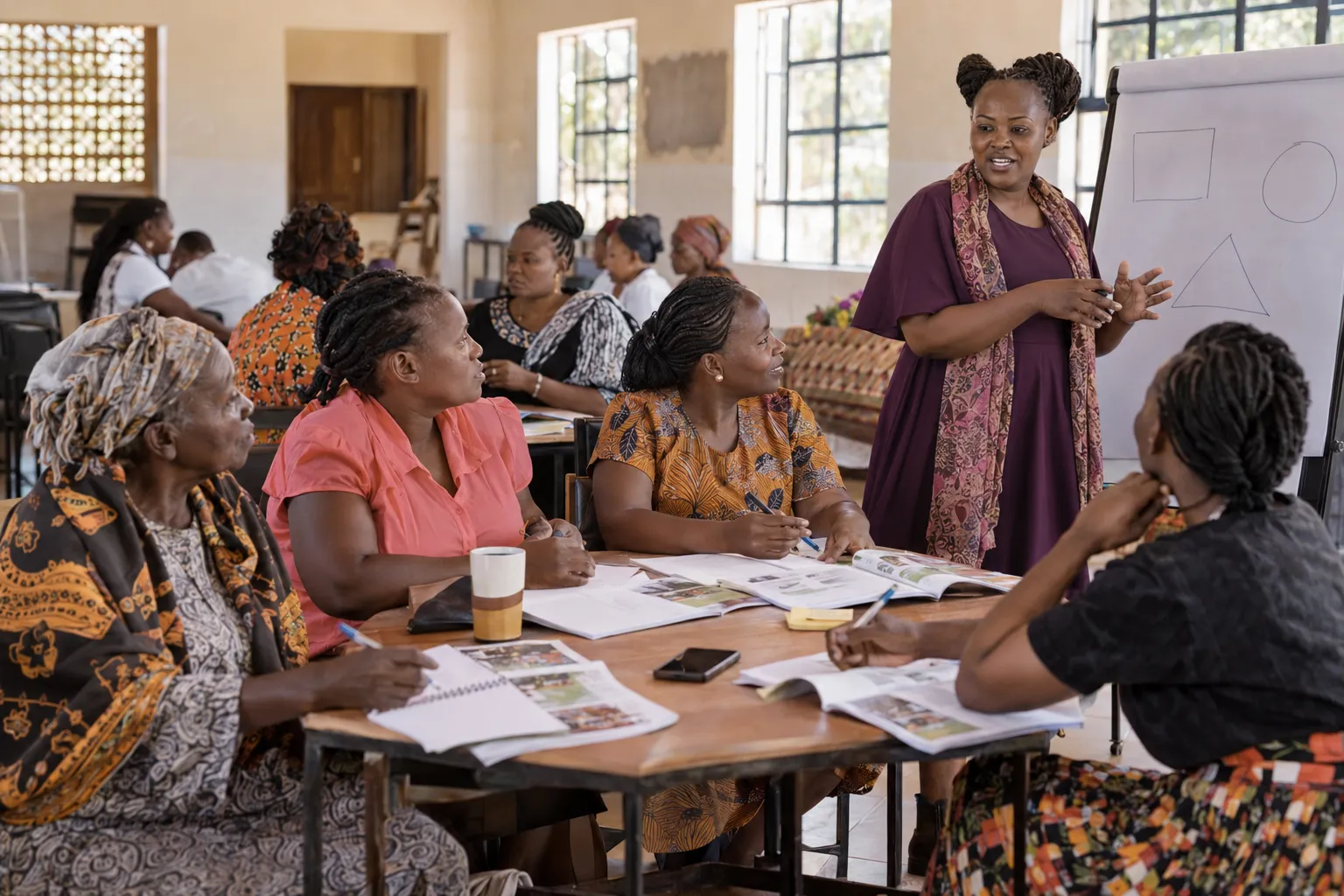 Women taking part in a practical Mviringo learning workshop